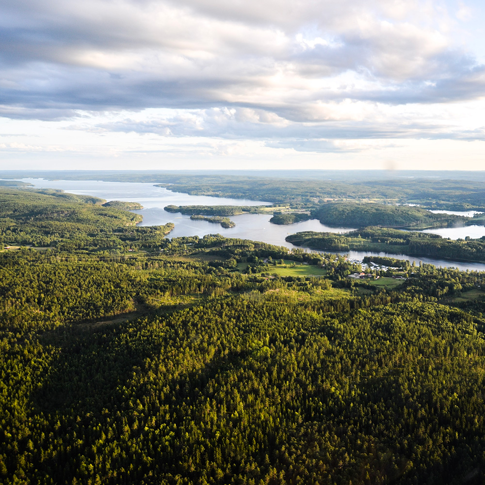 Flygfoto över en frodig grön skog med spridda sjöar och slingrande vattendrag under en delvis molnig himmel, med solljus som kastar skuggor på landskapet.