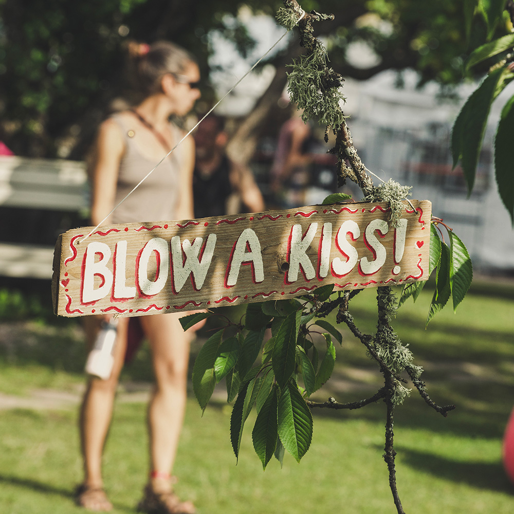 A wooden sign reading "blow a kiss!" hangs from a branch with green leaves. In the blurry background, a person is standing outdoors on a grassy area near a white bench.
